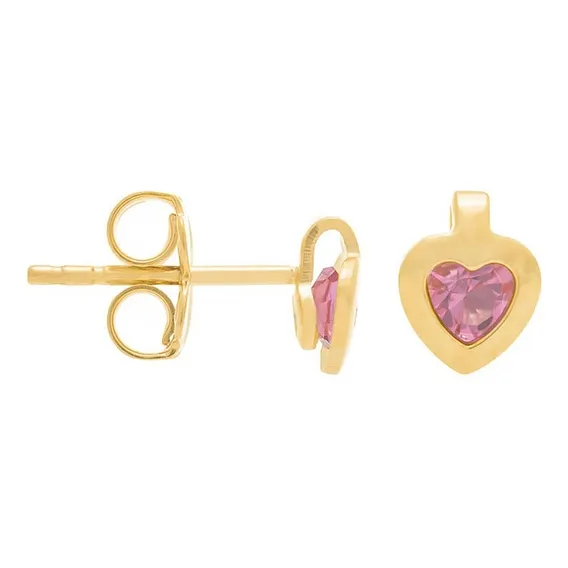 Brinco Folheado Ouro 18k Coração Pedra Rosa Adulto/infantil Foto 1