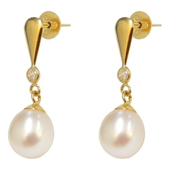 Brinco Gota Com Pérola E Zircônia Em Ouro 18k Foto 1