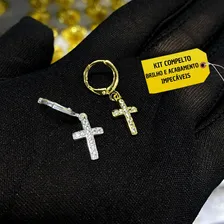 Brinco Masculino De Ouro Cravejado+brinco Cruz Prata Banhado Cor Dourado Foto mini  2