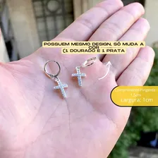 Brinco Masculino De Ouro Cravejado+brinco Cruz Prata Banhado Cor Dourado Foto mini  3