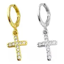 Brinco Masculino De Ouro Cravejado+brinco Cruz Prata Banhado Cor Dourado Foto  mini 1