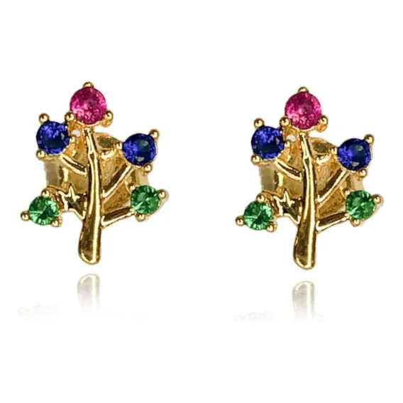 Brinco Mini Arvore Com Zirconias Colorida Folheado Em Ouro Foto 1