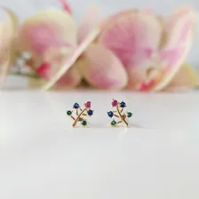 Brinco Mini Arvore Com Zirconias Colorida Folheado Em Ouro Foto mini 3