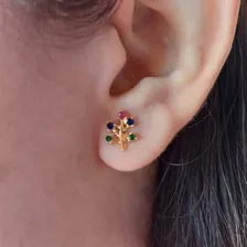 Brinco Mini Arvore Com Zirconias Colorida Folheado Em Ouro Foto mini 2