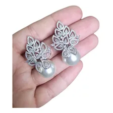 Brinco Noiva Zirconia E Pérola Prata Delicado Luxo Foto  mini 1