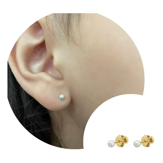 Brinco Ouro 18k Perola Recém Nascido Infantil Bebe 1 Furo Foto 1