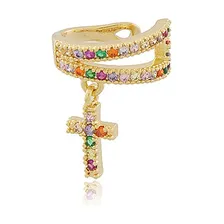 Brinco Piercing Fake Cruz Pendurada Pedras Banhado Ouro 18k Foto mini 1