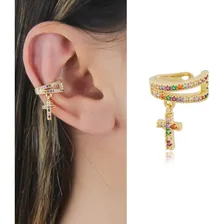 Brinco Piercing Fake Cruz Pendurada Pedras Banhado Ouro 18k Foto mini 2