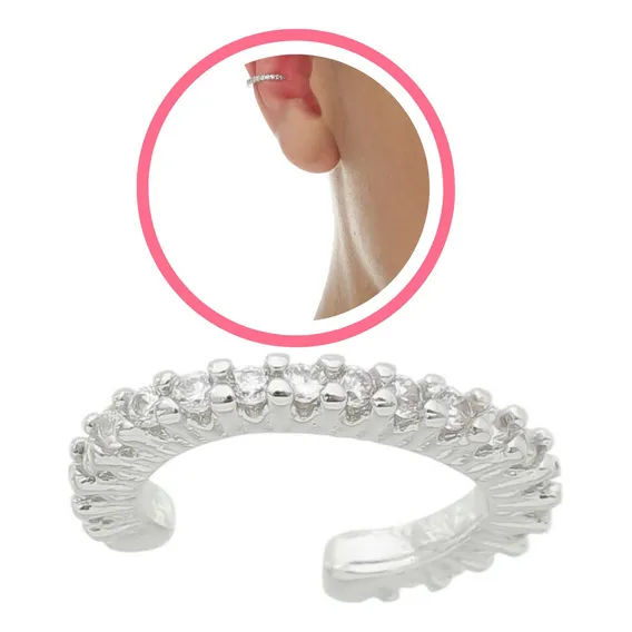 Brinco Piercing Pressão Falso Argolinha Zircônias Banhada Cor Prateado Foto 1