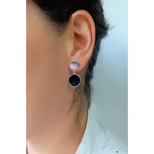 Brinco Prata Maciça 925 Elegante Pedra Onix E Madrepérola Foto mini 2