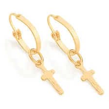 Brinco Rommanel Argola Com Cruz Pendurada Folheada - 520404 Cor Amarelo Foto  mini 1