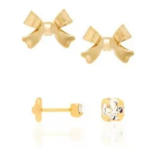 Brinco Rommanel Cristal Branco E Brinco Rommanel Laço Cor Dourado Foto mini 1