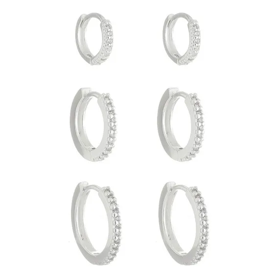 Brinco Trio Argolinhas Cravejadas Zirc么nia Prata 925 Foto 1