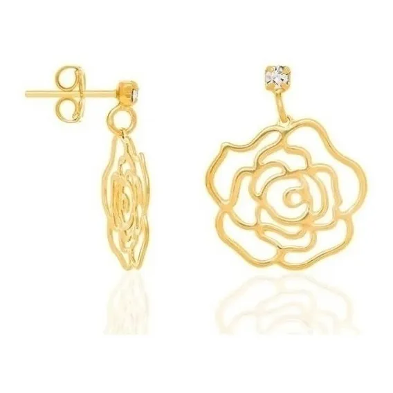 Brincos Rommanel Base Cristal Com Rosa Vazada Fol 18k 523542 Cor Dourado Foto 1