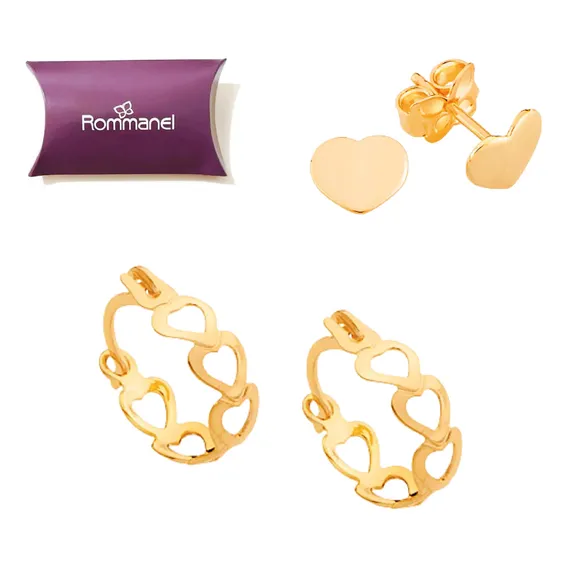 Brincos Rommanel Primeiro/segundo Furo Coração 522928 523351 Cor Dourado Foto 1