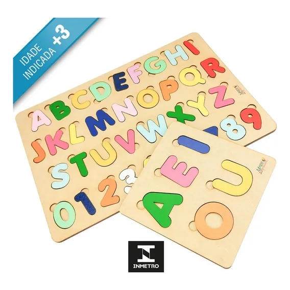Brinquedo Madeira Letras E Numeros Tabuleiro Grande + Vogais Foto 1