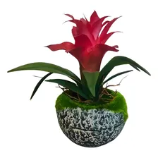 Bromélia Com Flor Planta Artificial Arranjo C/ Vaso Cor Prateado Foto mini  3