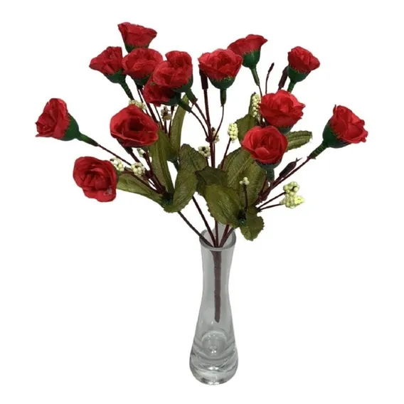 Buque Com 15 Mini Rosas Artificiais Arranjo Enfeite Flores Cor Vermelhas Foto 1