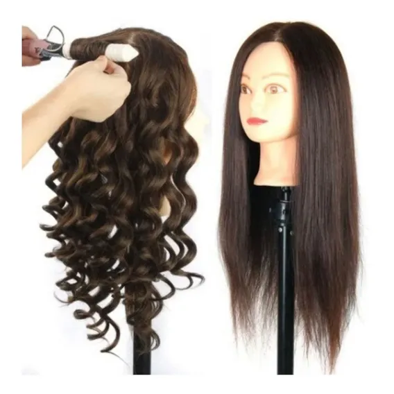 Cabeça Boneca Manequim P/ Treino Cabelo Misto + Suporte Cor Castanho Foto 1