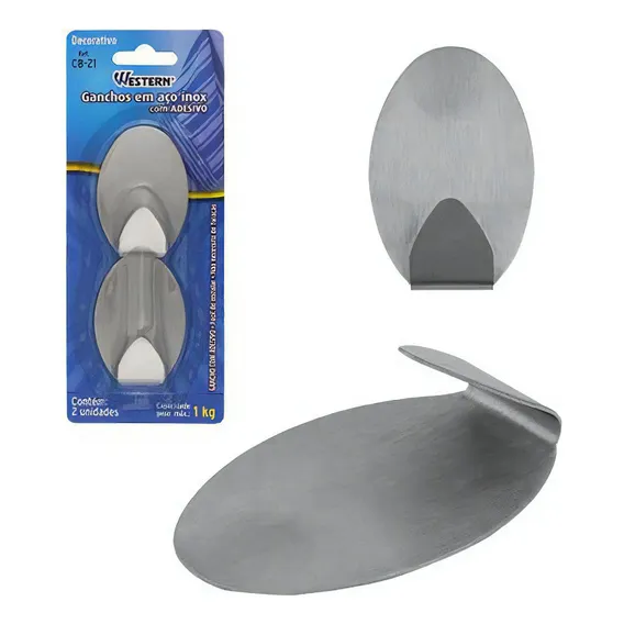 Cabide Gancho Inox Metal Oval Autoadesivo Com 2 Pecas Foto 1