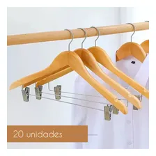 Cabides GG Home Cabide de madeira com presilha atacado lojista closet terno para bermudas Kit de 20 unidades cor natural Foto mini 3