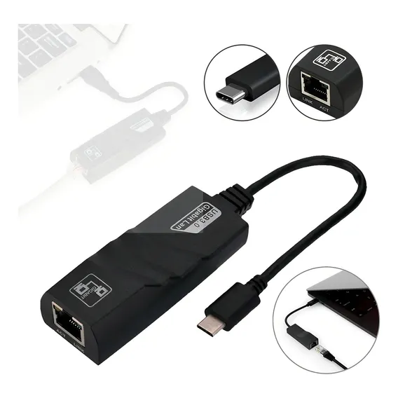 Cabo Adaptador Usb-c Para Rj45 Lan Ethernet 1000mbps Gigabit Cor Preto Foto 1