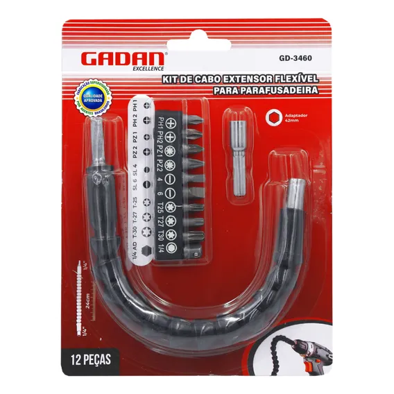 Cabo Extensor Flexível Para Parafusadeira 12 Peças 24 Cm Foto 1