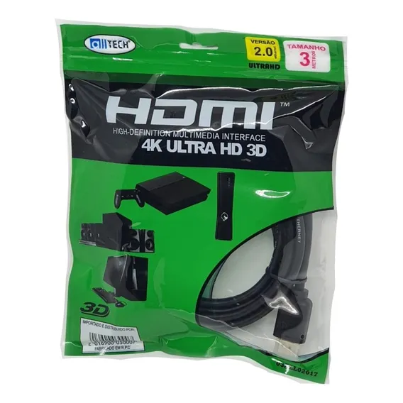 Cabo Hdmi 3 Metros 2.0 19 Pinos 4k - Alltech Foto 1