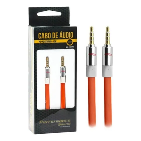 Cabo P2 P2 Auxilar 2 Metros Conector Ouro 3 Vias Flat Stereo Cor Laranja Foto 1