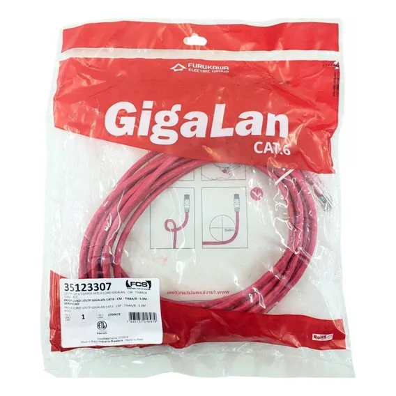 Cabo Rede Patch Cord Cat.6 5m Vermelho Furukawa 35123307 Foto 1