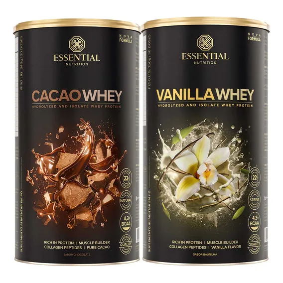 Cacao Whey + Vanilla Whey - Grande - Essential Nutrition - Whey Isolado + Hidrolisado Foto 1