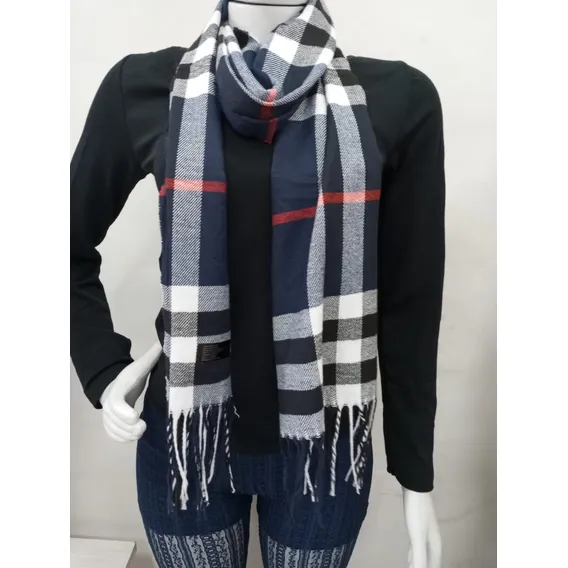 Cachecol Lenço Xadrez Inverno Echarpe Feminino Quadriculado Cor Azul Listra Vermelha Foto 1