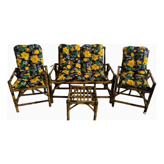 Cadeira Com Almofada Para Cadeira Móveis Vime Bambu Cor Estampado Preta Com Flores Amarelas Foto 1