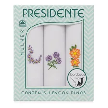 Caixa 3 Lenços Femininos Bordados 100% Algodão Presidente Cor Brancos Foto mini  3