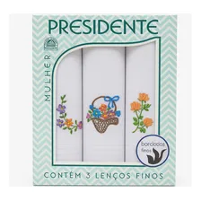 Caixa 3 Lenços Femininos Bordados 100% Algodão Presidente Cor Brancos Foto  mini 1