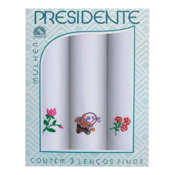 Caixa 3 Lenços Femininos Bordados 100% Algodão Presidente Cor Brancos Foto 1