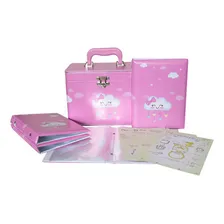 Caixa Box 4 Álbuns Fotográficos 15x21 -240 Fotos Bebê Maleta Estampa Chuva De Amor Rosa Foto mini 4