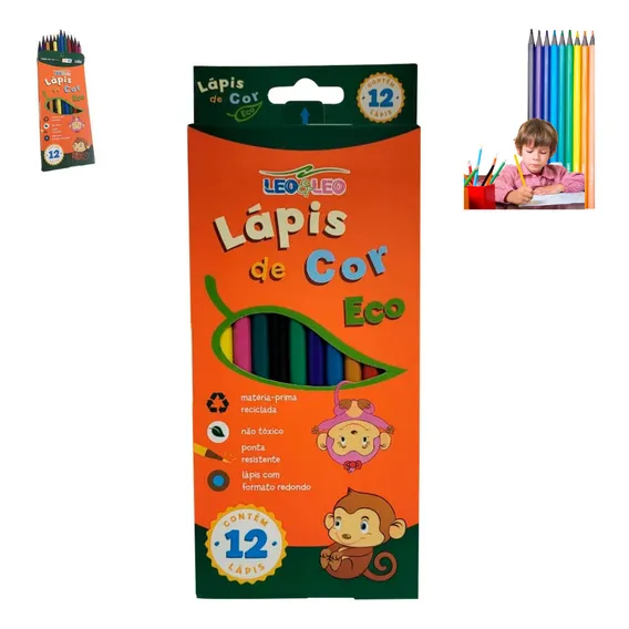 Caixa Lápis De Cor 12 Cores Grande Leo Eco Atacado Foto 1