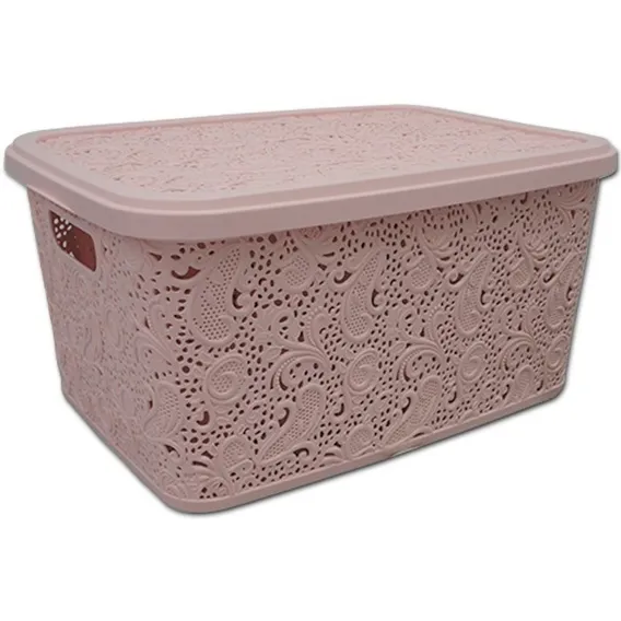 Caixa Organizadora C/ Tampa Rattan Floral Rosa 10 Litros Foto 1