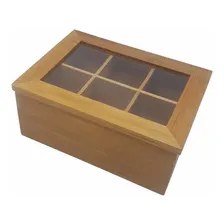 Caixa Porta Chá Bambu 6 Divisórias E Visor Tampa 21,5x16x9cm Foto mini  2