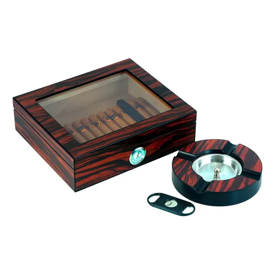 Caixa Umidora De Charutos Kit Com Cinzeiro E Cortador Ebony Foto 1