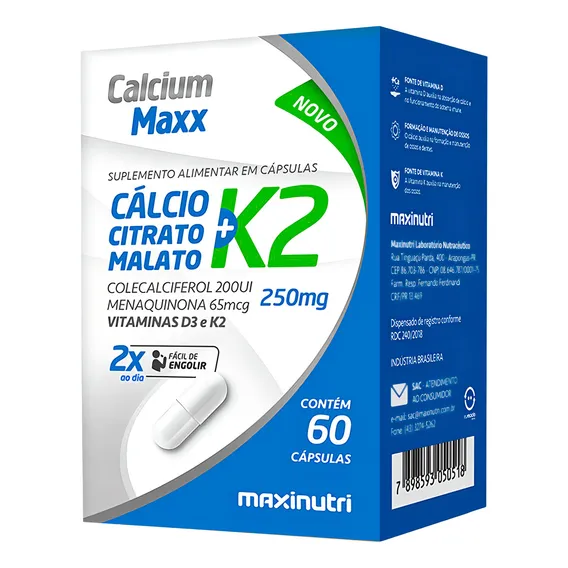 Calcium Maxx Cálcio Citrato Malato K2 60cáps 250mg Maxinutri Sabor Neutro Foto 1