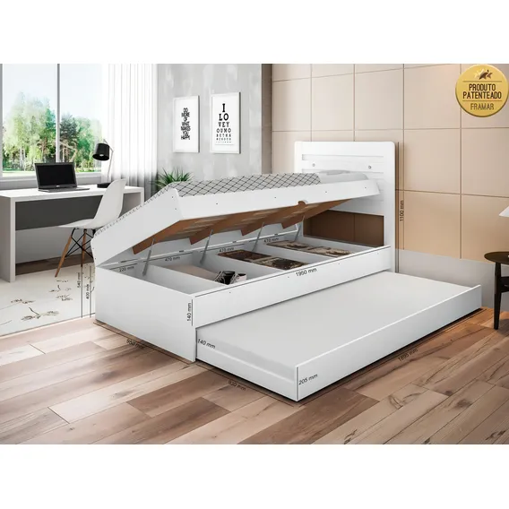 Cama Baú 0,88 Larissa Com Auxiliar Framar Em Mdf Branco Foto 1