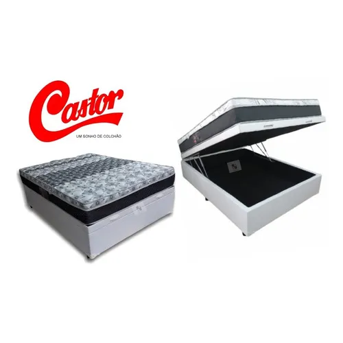 Cama Box Baú Casal + Colchão Casal Castor Class Bonnel Cor Corino Branco Foto 1
