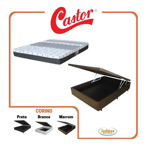 Cama Box Baú Casal + Colchão Casal Castor Class Bonnel Cor Corino Marrom Foto 1