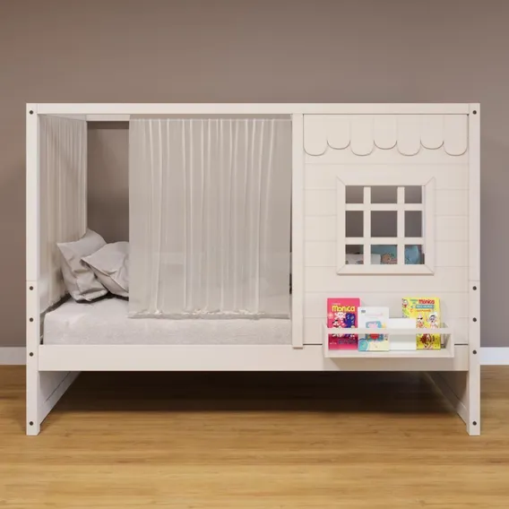 Cama Casinha Reta Com Cortina Madeira Maciça Branco Housin Foto 1