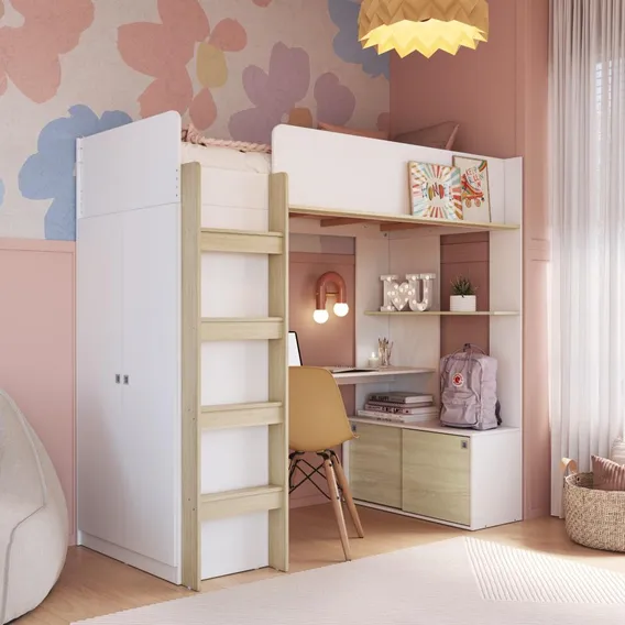 Cama Infantil Alta Multifuncional Office Com Colchão Cor Branco Foto 1