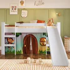 Cama Infantil Com Degrau Escorregador Cortina Estampada Zoo Foto mini  2