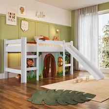 Cama Infantil Com Degrau Escorregador Cortina Estampada Zoo Foto  mini 1