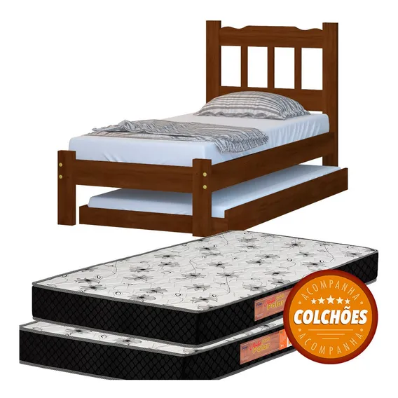 Cama Solteiro + Cama Auxiliar + 2 Colchões Cor Castanho Foto 1